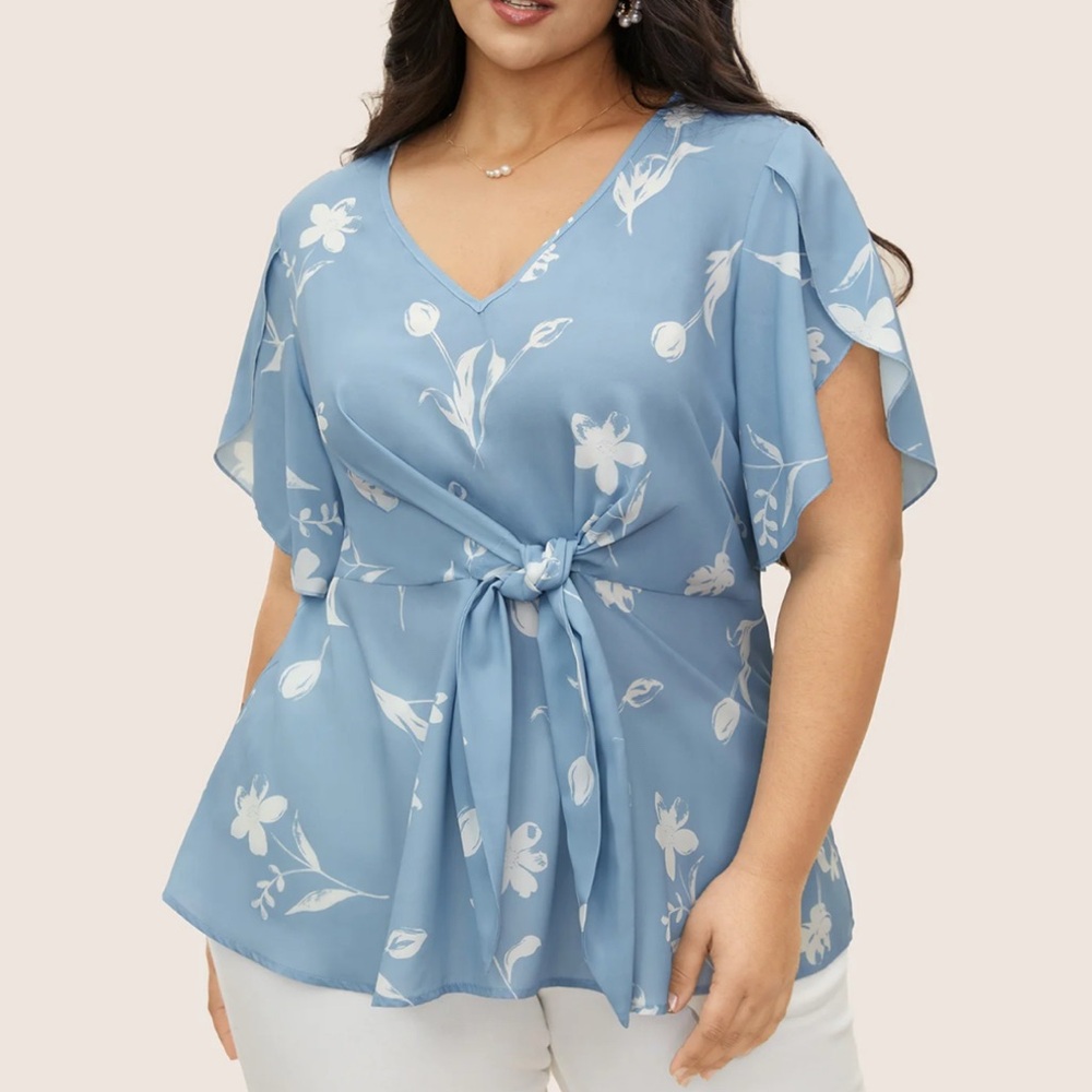 Blue Floral Tie-Front Top